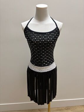 Black Sequin Halter Dance Costume with Silver Accents